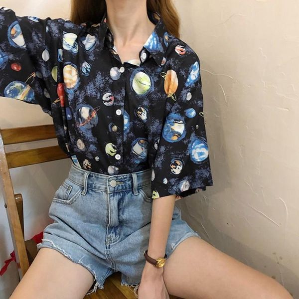 

women retro cartoon planet print 100% cotton blouse shirt summer short sleeve lapel shirt women 2021 new loose casual blouses blusas, White