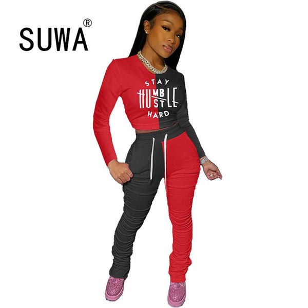 

contrast color patchwork tracksuit women clothing sets 2 piece outfits letter long sleeve + high waist stacked pants suit 210525, White