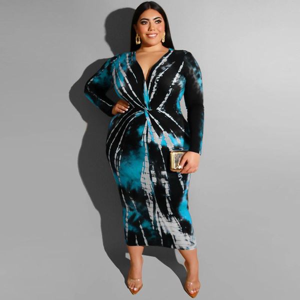 

plus size dresses xl-5xl wholesale fall elegant 2021 dress women clothing fashion tie dye ladies long sleeve v neck female, Black