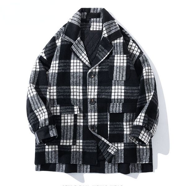 

men's vintage autumn winter fashion loose plaid woolen coat medium long thick single breasted 2021 new coats male, Black