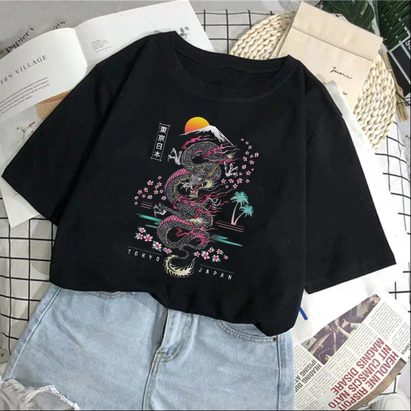 

streetwear women t shirt womens ulzzang harajuku vintage dragon print summer oversize loose casual, White