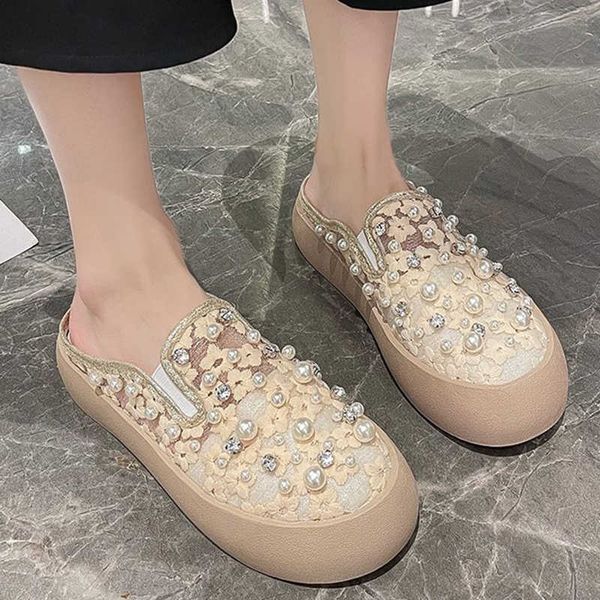 

rimocy fashion pearls round toe mules shoes women summer crystal breathable platform slippers female non slip flat slides 210528, Black