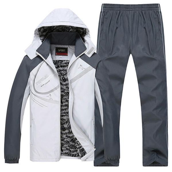 

winter men set warm thick hooded jacket+pants 2pc sets men streetwear hop hip hoodies zipper tracksuit man sports suit clothing, Gray