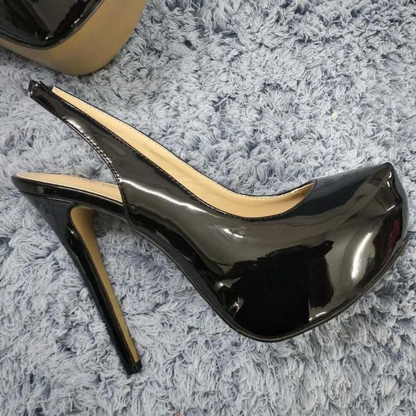 

dress shoes black patent pumps high heel party women summer round toe platform sling back stiletto 14cm heels