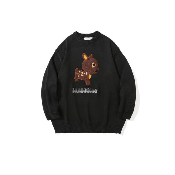 

sweater knit cartoon sika deer embroidered ted men's fashion brand loose round neck t shirt long sleeve top, White;black