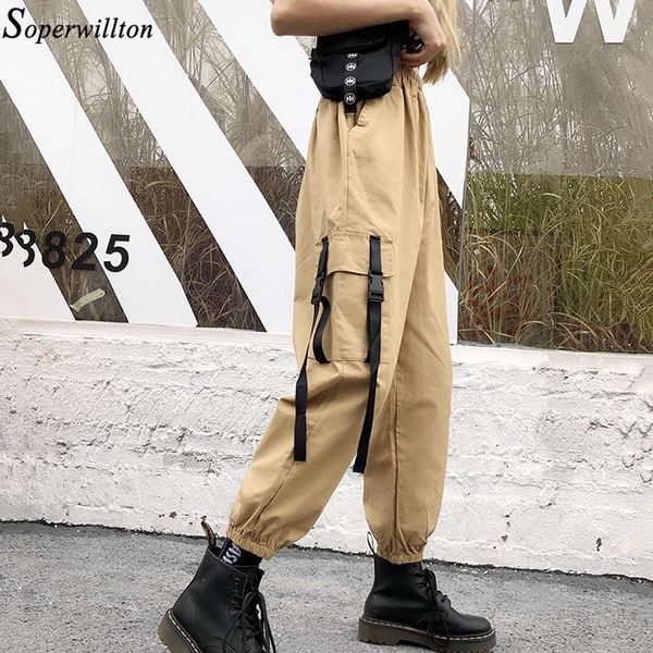 

women's pants & capris 2021 streetwear khaki casual cargo women elastic high waist joggers fashion hip hop ankle length trousers black, Black;white