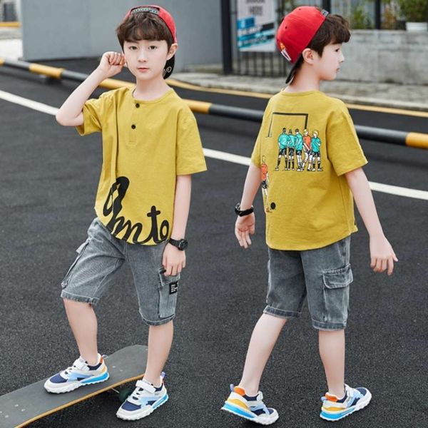 

cool summer wear 2021 new boys' children's football team short sve jeans two piece suit, White
