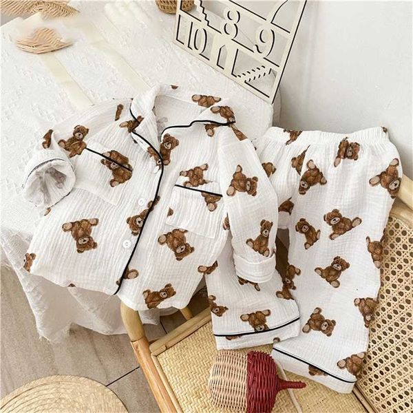 Milancel outono crianças pijamas coreano manga longa urso cardigan e calça fio de algodão 2 pcs sleepwear 211105