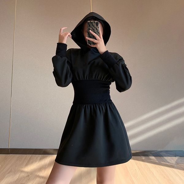 

Hoodies Dress Women A line Slim Waist Casual Mini Dress Long Sleeve Autumn Solid 2021 Fashion Streetwear Female Dress, Black;gray