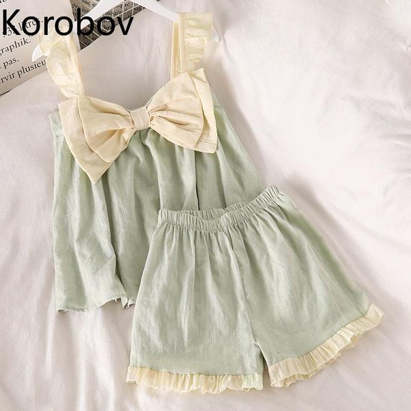 

women's tracksuits korobov high sense of japanese cute bowknot suspender pajamas women summer design niche thin home wear can be worn o, Gray
