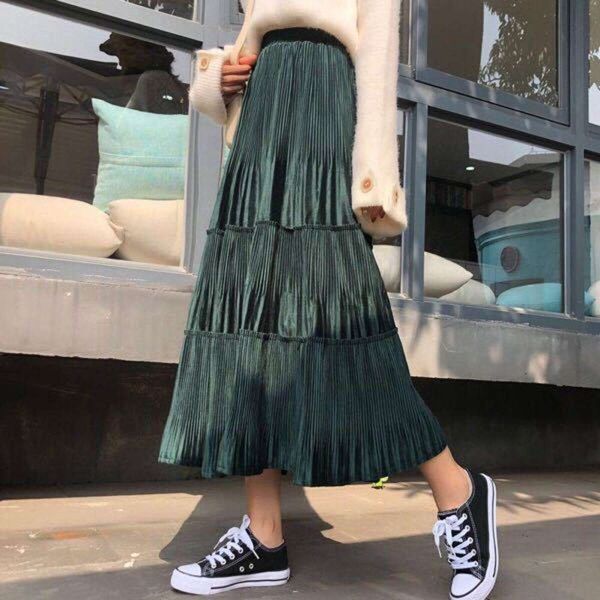 

velvet pleated autumn and winter 2020 new korean fashion high waist slim mid length cake skirt women, Black;gray