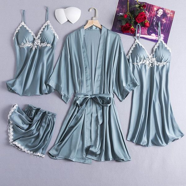 

women's sleepwear women lace 4pcs kimono robe gown satin homewear summer pyjamas set nightgown v-neck pajamas intimate lingerie, Black;red