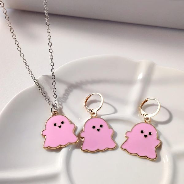 Orecchini Collana Y2K Set di gioielli in smalto fantasma rosa per donna Olio gocciolante colorato Ciondolo a forma di fumetto Accessori a cerchio Regalo per ragazze