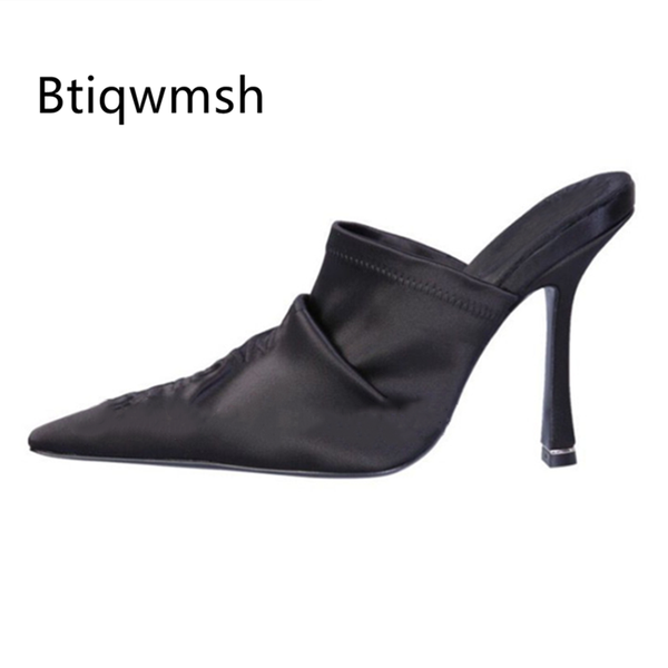 

sandals luxury satin mules femme pointed toe black white high heel shoes woman slipper