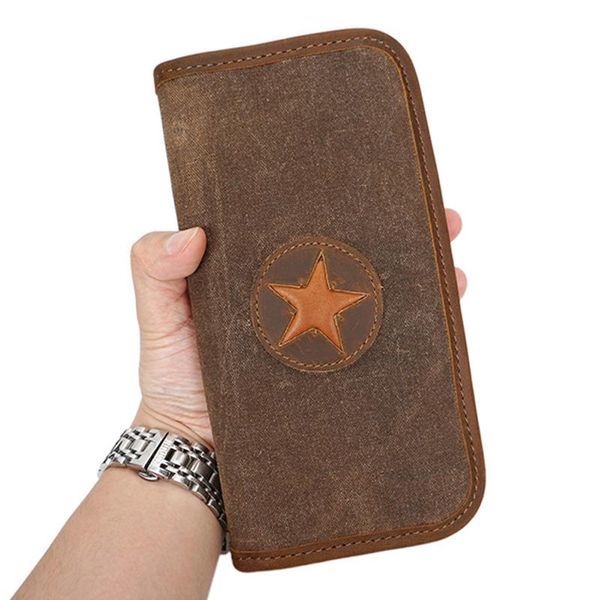 

vintage star design longe wallets for women men 80% canvas and 20% crazy horse leather coin purses card holder cell phone bags, Red;black