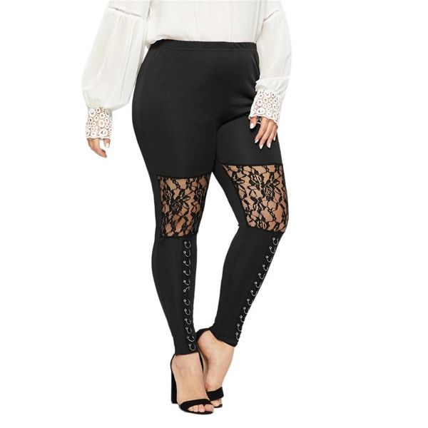 

women's leggings female long pants black solid color high waist lace hoop skinny comfortable trousers spring/ summer/ autumn