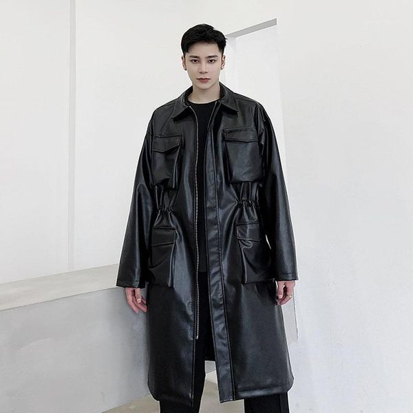 

male japan korea streetwear vintage faux leather trench jacket coat men multiple pockets long trenchcoat outerwear men's fur &, Black