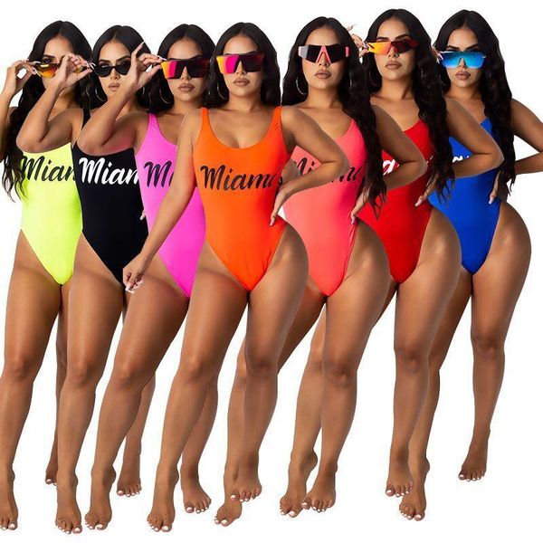 

one piece swimsuit solid letter miami swimwear women backless brazilian monokini bathing suit xs-5xl beachwear swimsuits