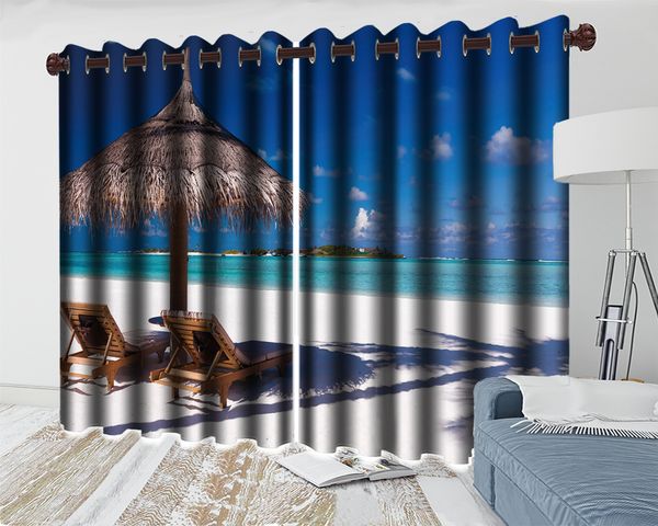 

3d curtain window beach lounge chairs with beautiful sea view 3d curtain romantic landscape decoration 3d blackout curtains