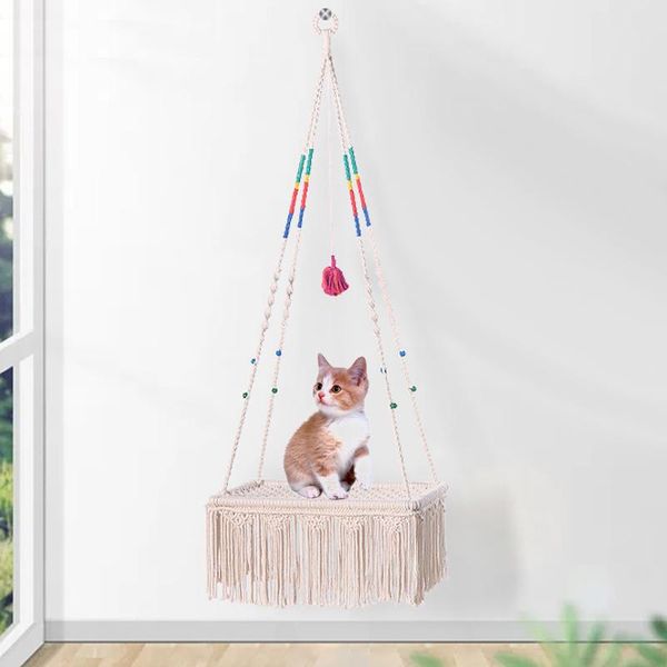 

cat beds & furniture hand-woven hanging hammock basket,cat chair,pet basket chair,cat bed cotton rope weaving macrame pet