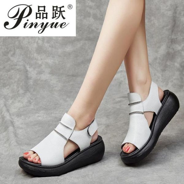 

sandals women's female mother ladies genuine leather shoes summer beach breathable wedge heel size 35-41, Black
