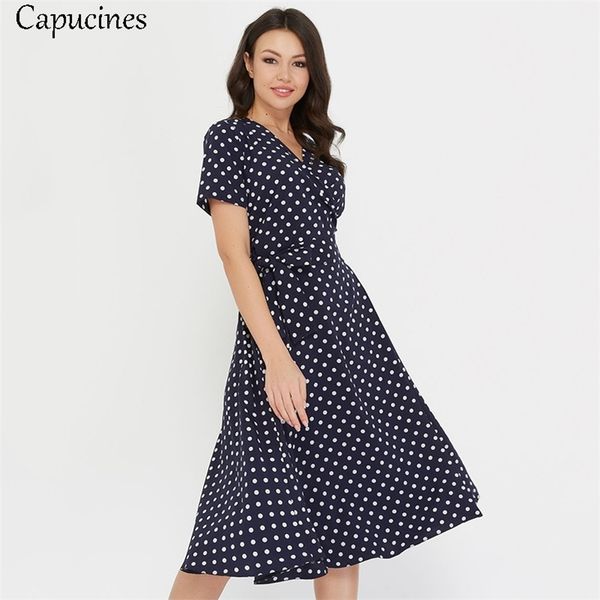 

capucines vintage dot printed v neck summer dress women casual short sleeves a line sashes elegant dresses female vestidos 210309, Black;gray