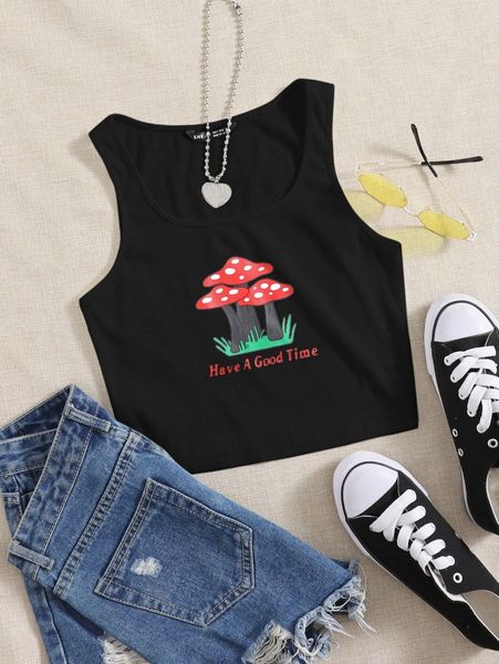 

mushroom print rib-knit tank r6tr#, White