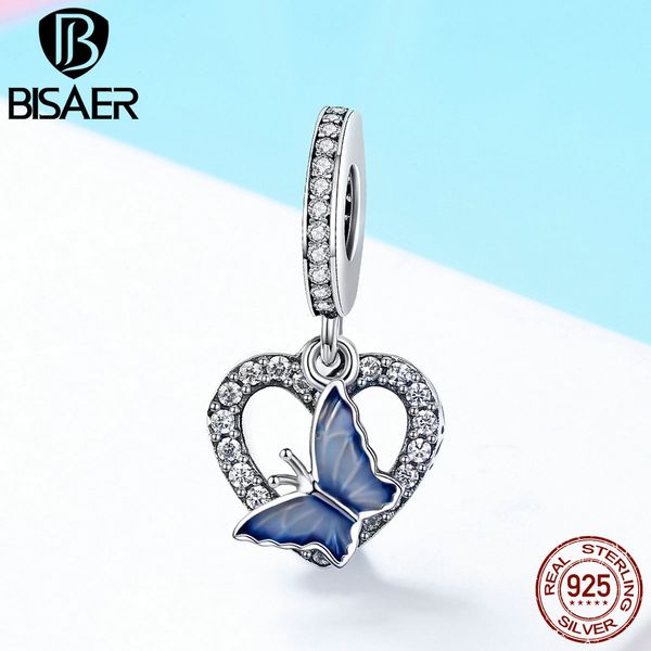 

bisaer 925 sterling silver butterfly charm blue enamel butterfly heart cz pendant fit for bracelet diy jewelry making ecc818 q0531, Black