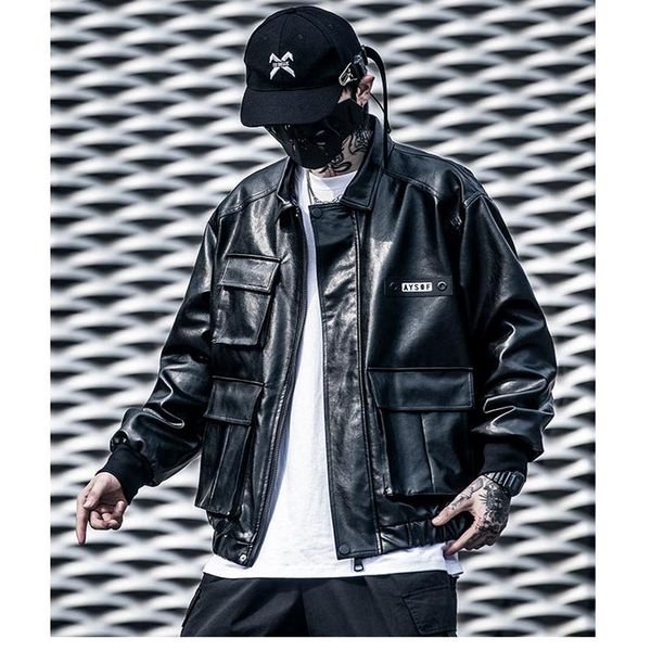 

men's jackets hip hop windbreaker leather coat locomotive handsome jacket multiple pockets streetwear casual tracksuit, Black;brown