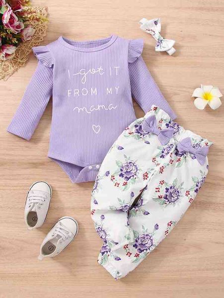 

baby slogan graphic bodysuit & floral print pants with headband she, White