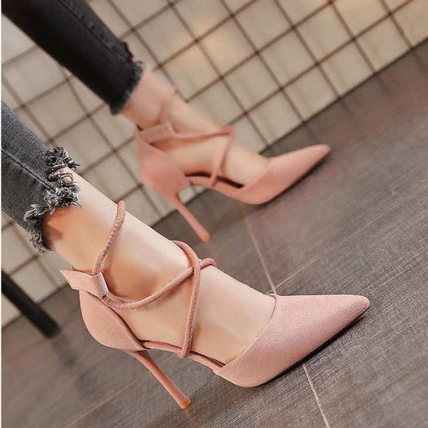 

sandals 2021 fashion ladies suede cross strap party thin high heels elegant nightclub dress shoes quality heel, Black