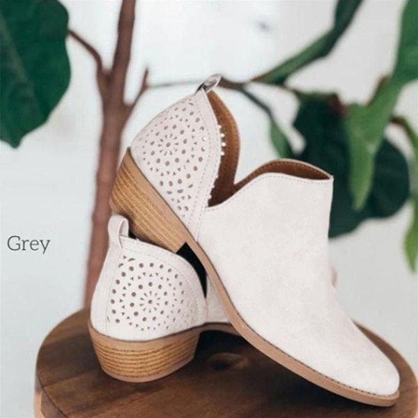 

women's boots short perforated cutout chunky block stacked heels shoes ankle booties female ladies autumn shoes plus size, Black