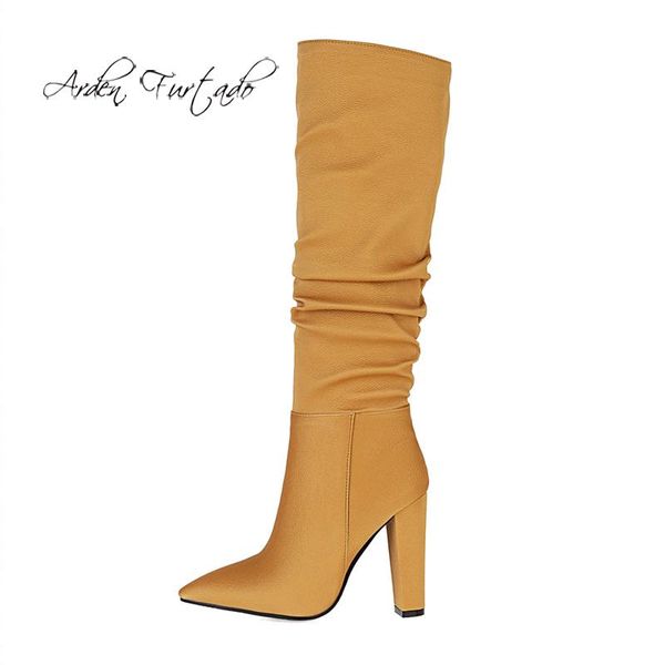

boots arden furtado 2021 fashion winter concise heels pointed toe pure color pleated white yellow women's knee high big size 43, Black