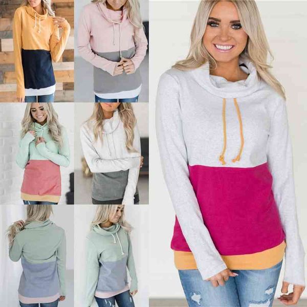 

women patchwork hoodies long sleeve drawstring hooded pullover sweatshirt outwear coat autumn winter plain hoodie ljja3075, Black
