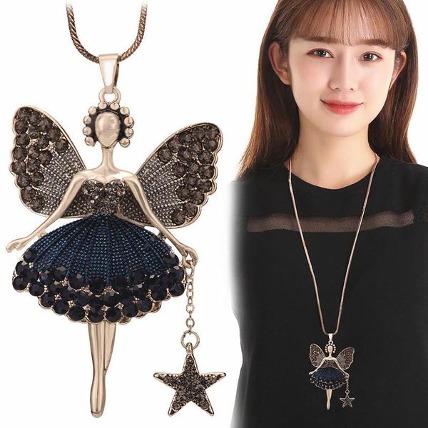 

genuine statement neclaces sweater chain pendant enamel jewelry maxi neclace alloy enamel dance girl fairy angel necklace, Silver