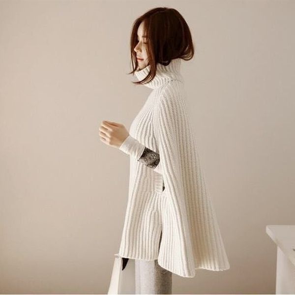 

2021 new women's office cotton turtleneck sweater, full-color cape, large, fashion knitted jacket, european and american new, leisure t, White;black