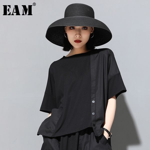

[eam] 2021 new spring summer round neck half sleeve black button split joint loose big size t-shirt women fashion tide jx500 210309, White