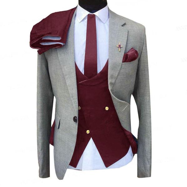 

men's suits & blazers 2021 fashion light grey business party formal men burgundy vest pant 3 piece set custom made groom wedding tuxedo, White;black