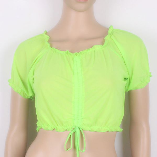 

Belly Bance Lace Up Tank Top Ruffles Mesh Transparent Belly Dance Bottom Wear Front Cross Crop Halter Candy Colors FX20