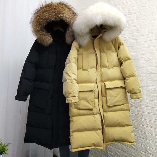 

2021 new women jacket large natural fox fur collar hooded ladies feather jackets 90% duck down coat long er parka kayb, Black