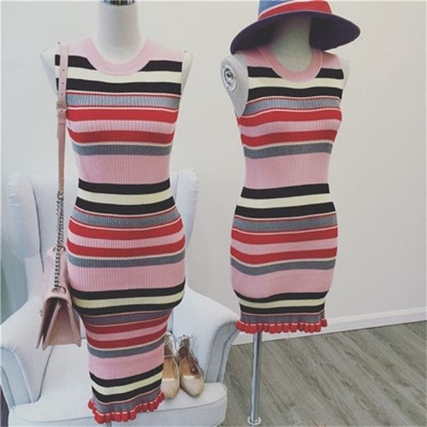 

korean style colorful striped knitted bodycon dress women summer fall sleeveless wave hem sheath sweater trend 210602, White