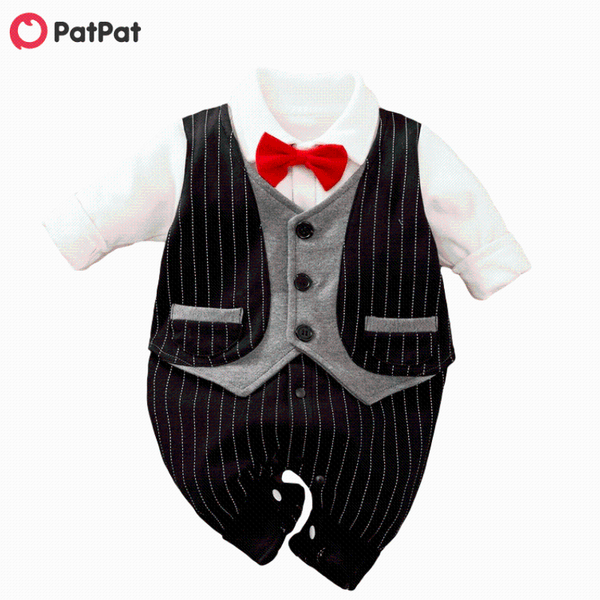 

patpat 2021 new spring and autumn baby gentleman bowknot striped jumpsuit for party baby boy clothes, Blue