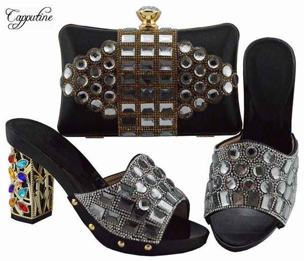 

dress shoes black with stones high heel slipper and bag set for party fgt003