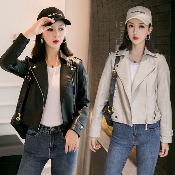 

new women leather jacket short spring and autumn plus size women korean slim simple commuter jacket pu leather jacket trend, Black;brown