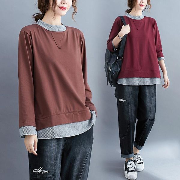 

women's t-shirt 2021 autumn artistic large size striped stitching false two-piece sweaters loose leisure all-matching pullover for wome, White