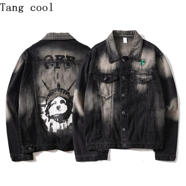 

2021 men's oversized denim hip hop patchwork ripped jeans jackets autumn streetwear coat for male p4iu, Black;brown