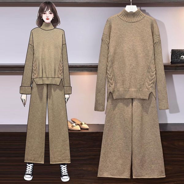 

2021 winter turtleneck 2 all-female workout suits mesh and leg release cashmere pants big plus sport suit 9m8o, Gray