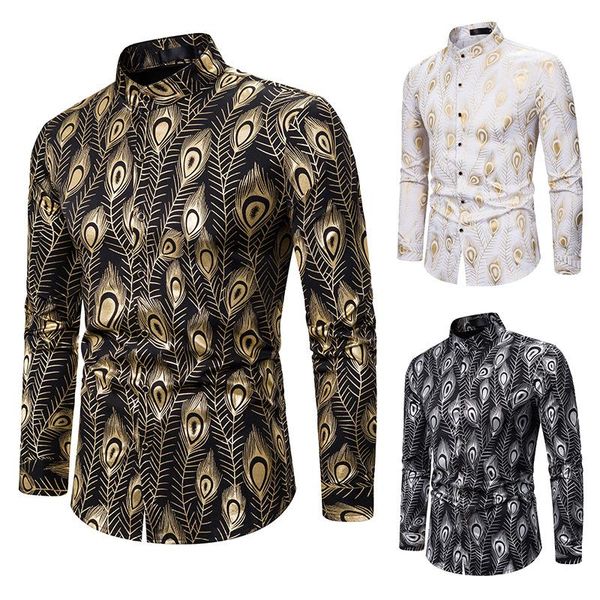 

men's bronzing shirt long sleeve stand collar cardigan shirt with feather print casual nightclub single-breasted, White;black