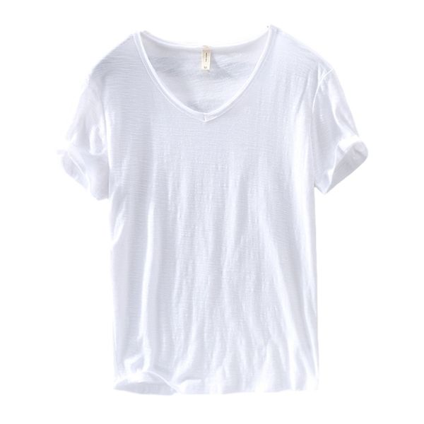 

t shirts men short sleeve 100%pure cotton v-neck casual solid white tee male basic tshirts clothing 210716, White;black