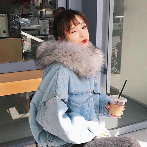 

new fashion women denim jacket autumn winter plush warm fluffy fur collar hoodies bomber jeans jackets women coat plus size 201126, Black;brown